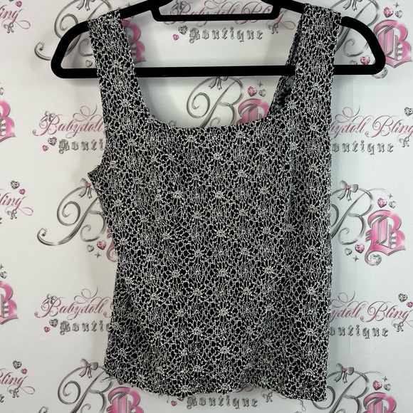 NICOLA Tops - NICOLA tank top crochet detail Black and White silver Floral Tank Top cami